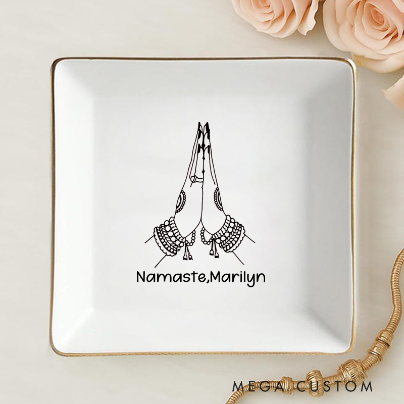 Personalized Ring Dishes with Elegant Namaste Hands Design and Gold Trim Perfect Gift for Jewelry Storage, Home Décor or Unique Gift for Yoga Lover