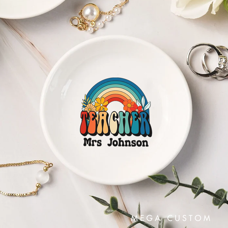 Personalized Jewelry Dish for Teacher Retro Style Rainbow Design Ceramic Ring Dish Teacher Appreciation Gift