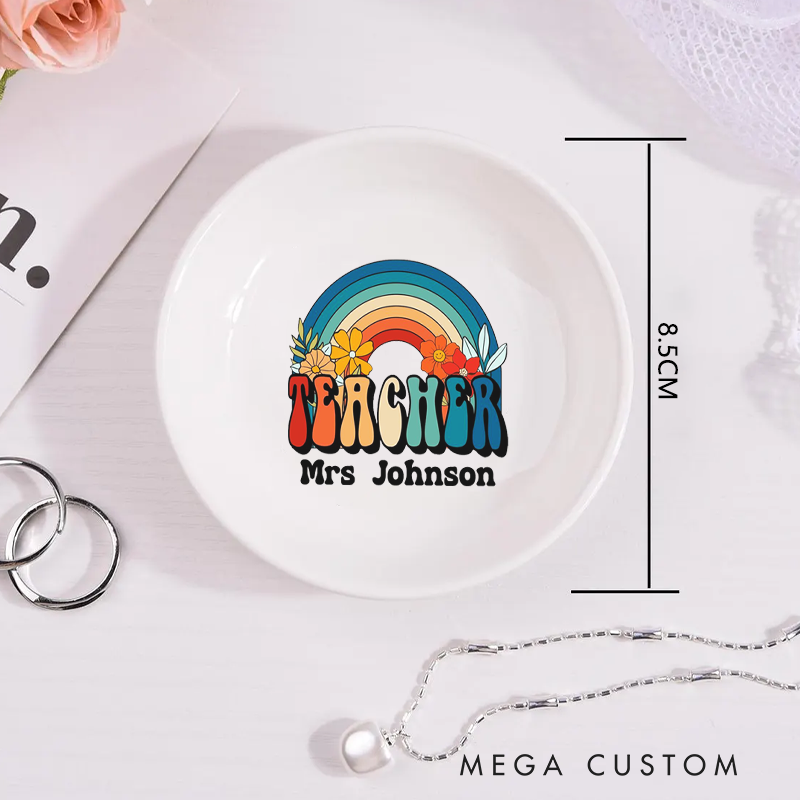 Personalized Jewelry Dish for Teacher Retro Style Rainbow Design Ceramic Ring Dish Teacher Appreciation Gift