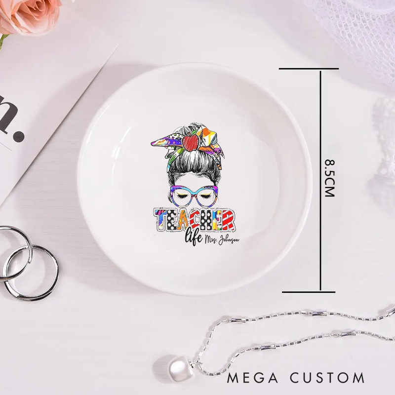 Personalized Jewelry Dish for Teacher Illustration of a teacher with Glasses Teacher Life Ceramic Ring Dish Teacher Appreciation Gift