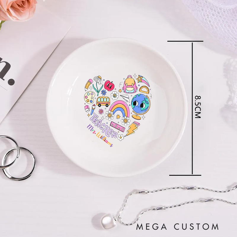 Personalized Jewelry Dish for Teacher School Related Elements Arranged in a Heart shape Ceramic Ring Dish Teacher Appreciation Gift