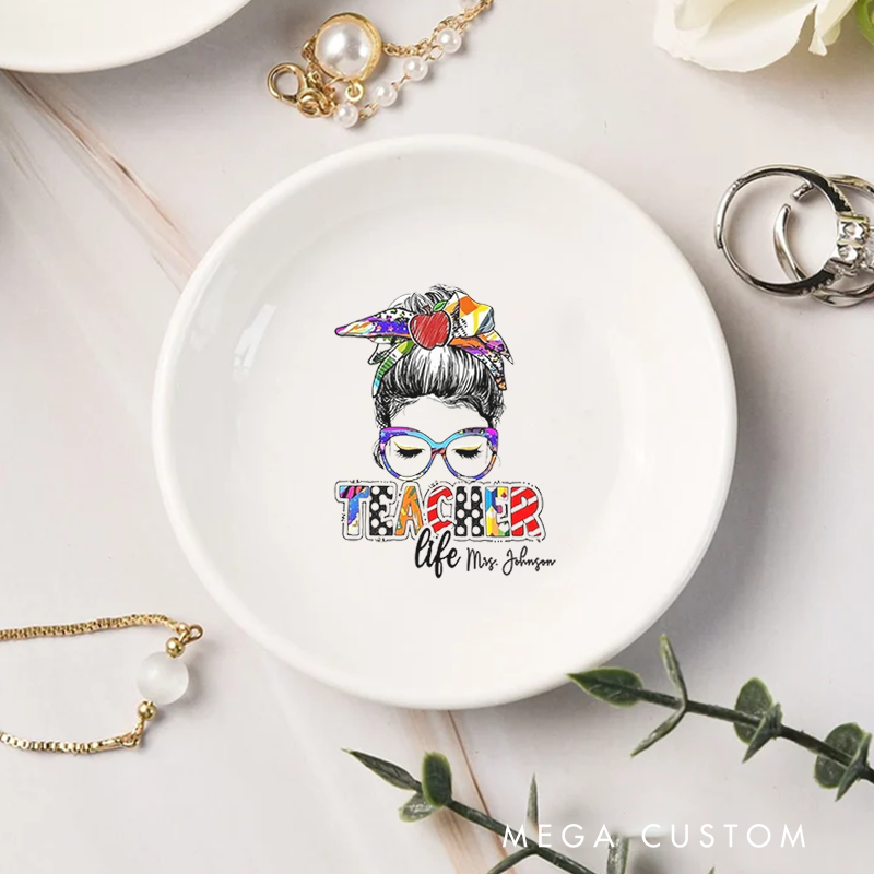 Personalized Jewelry Dish for Teacher Illustration of a teacher with Glasses Teacher Life Ceramic Ring Dish Teacher Appreciation Gift