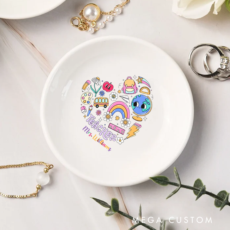 Personalized Jewelry Dish for Teacher School Related Elements Arranged in a Heart shape Ceramic Ring Dish Teacher Appreciation Gift