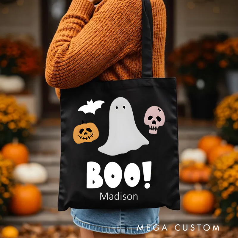 Personalized Boo Ghost Illustration Featuring Name for a Fun and Spooky Halloween Decoration Tote Bag
