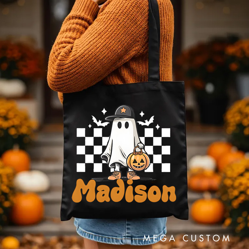 Personalized Ghost and Checkered Pattern Illustration Featuring Name for a Unique Halloween Accent Tote Bag