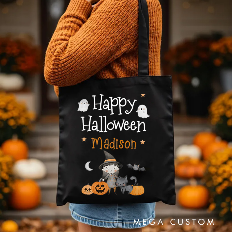 Personalized Happy Halloween Illustration Featuring Ghosts Pumpkins and Name for a Delightful Halloween Accent Tote Bag
