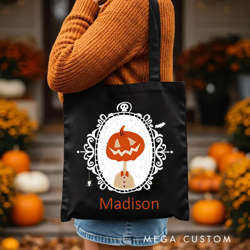 Personalized Pumpkin Illustration in Ornate Frame Featuring Name for a Sophisticated Halloween Decoration Tote Bag