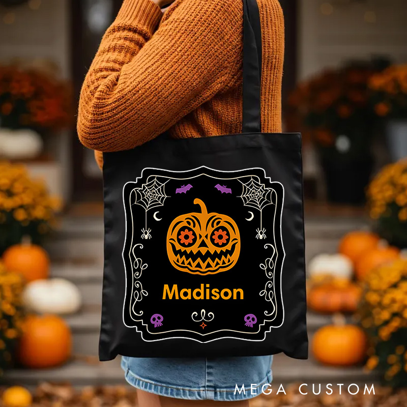 Personalized Halloween Pumpkin Illustration Featuring Name with Elegant Frame for a Stylish Halloween Accent Tote Bag
