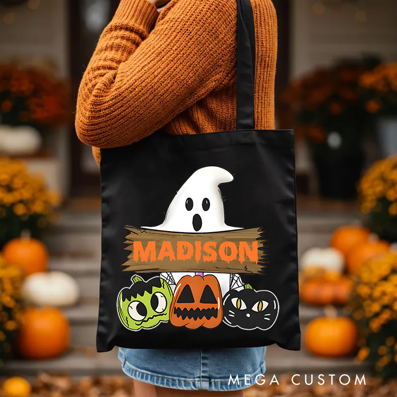 Personalized Ghost and Pumpkin Illustration Featuring Name for a Cute and Festive Halloween Accent Tote Bag