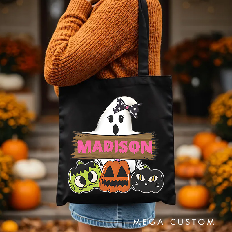 Personalized Ghost and Pumpkin Illustration Featuring Name with Playful Details for a Halloween Celebration Tote Bag