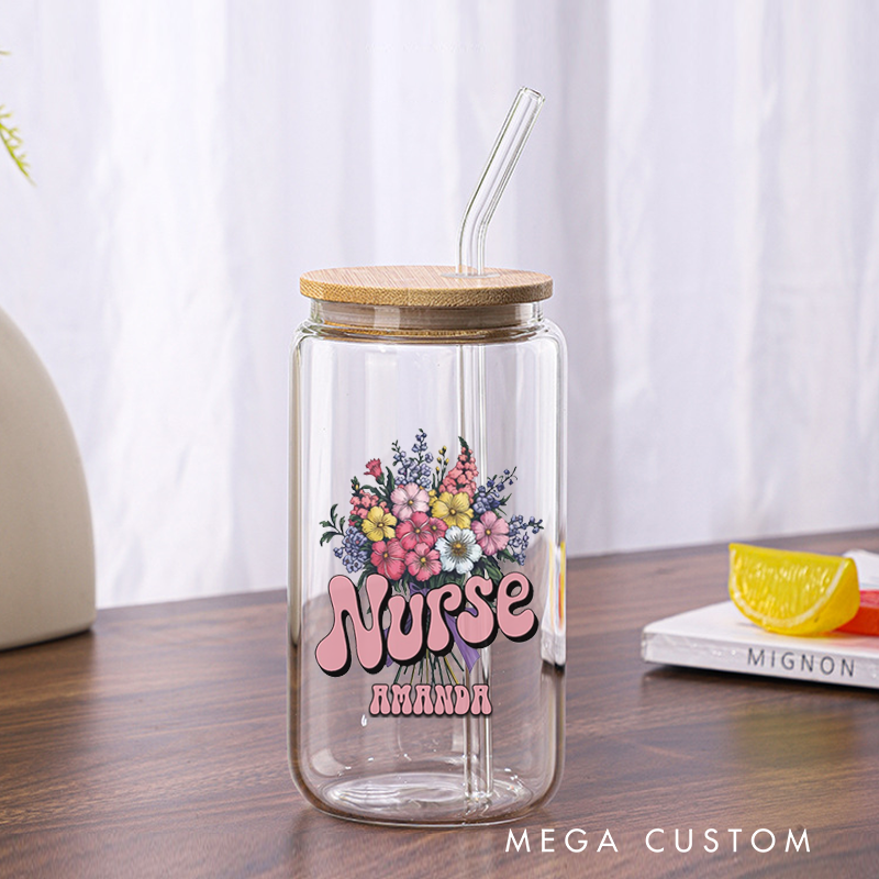 Personalized Nurse Tumbler with Lid and Straw a Vibrant Bouquet of Colorful Flowers Custom Glass Coffee Cup Nurse Appreciation Gift