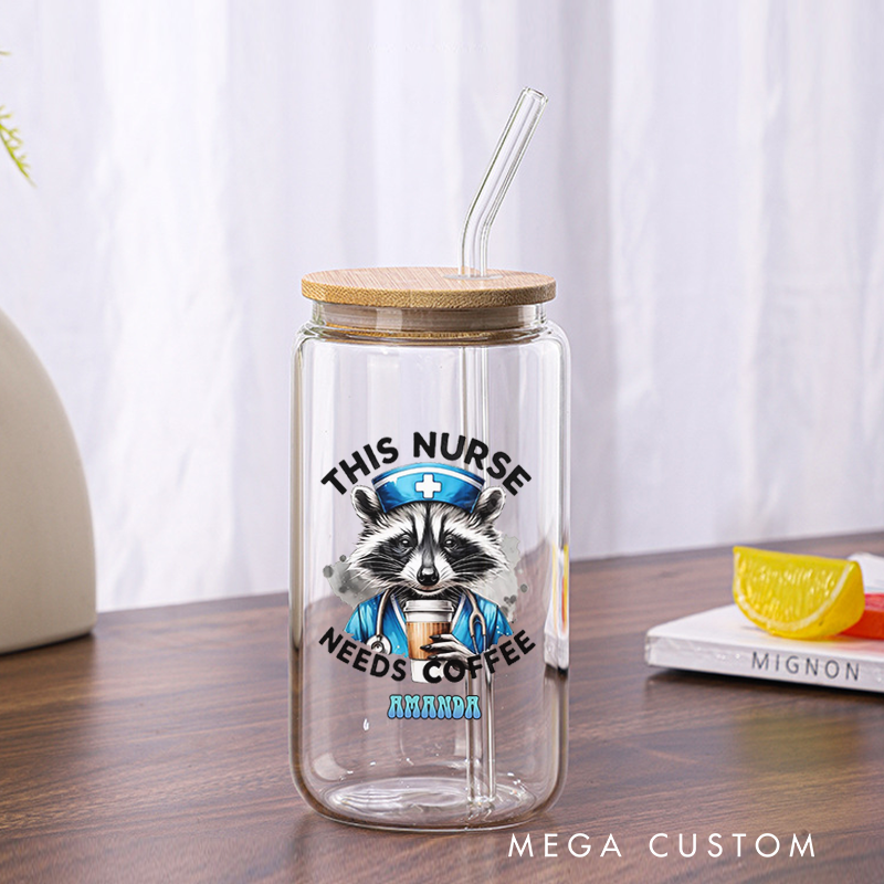 Personalized Nurse Tumbler with Lid and Straw Raccoon Dressed as a Nurse Custom Glass Coffee Cup Nurse Appreciation Gift