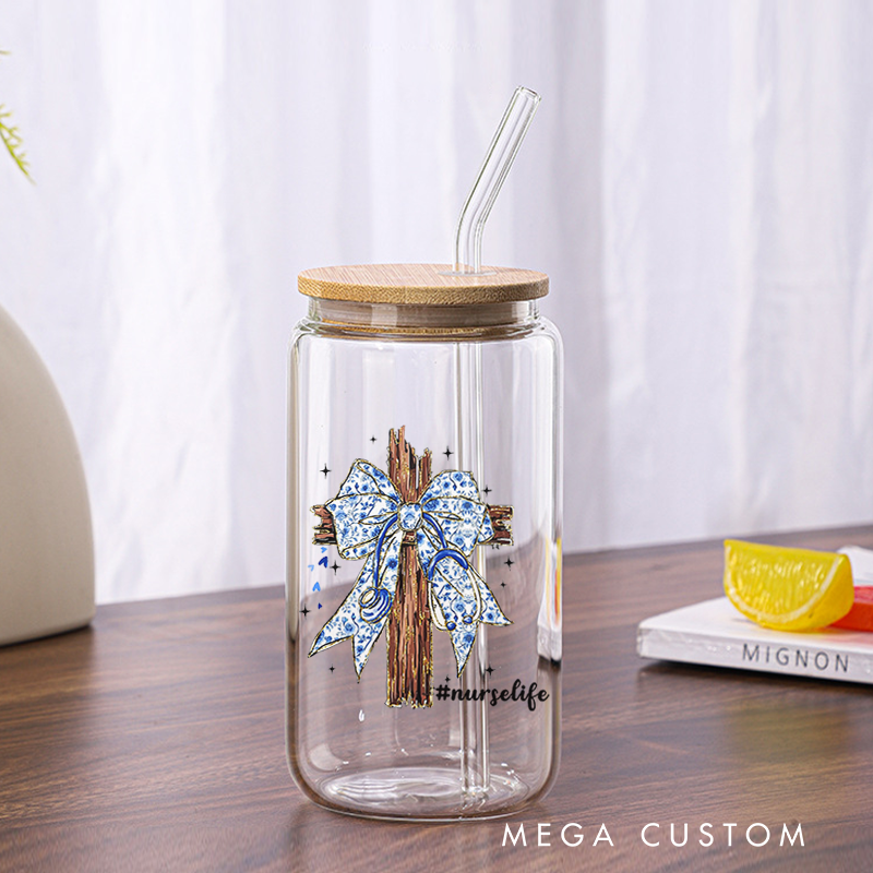 Personalized Nurse Tumbler with Lid and Straw Wooden Cross Adorned with a Blue Ribbon Tied Custom Glass Coffee Cup Nurse Appreciation Gift
