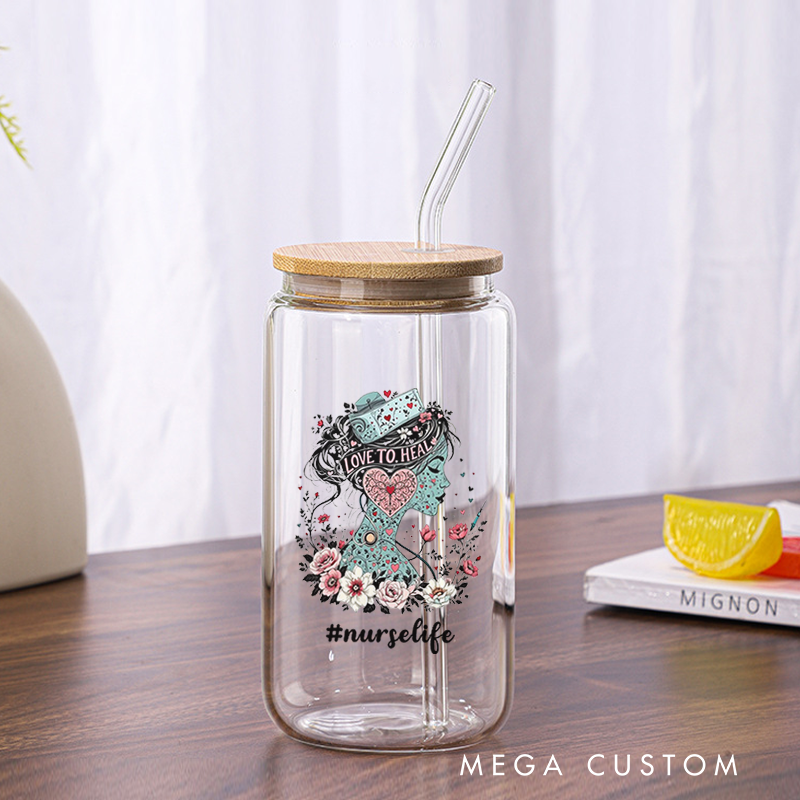 Personalized Nurse Tumbler with Lid and Straw Love to Heal Custom Glass Coffee Cup Nurse Appreciation Gift