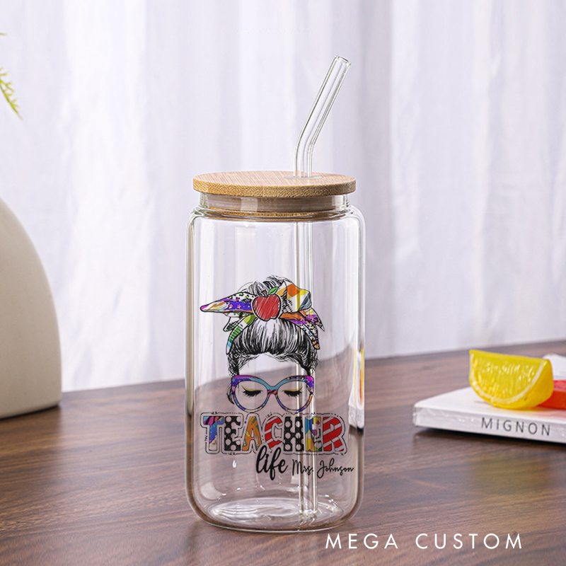 Personalized Teacher Tumbler with Lid and Straw Illustration of a teacher with Glasses Teacher Life Custom Glass Coffee Cup Teacher Appreciation Gift