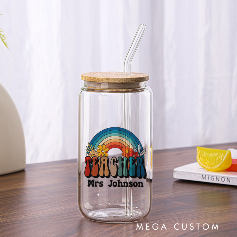 Personalized Teacher Tumbler with Lid and Straw Retro Style Rainbow Design Custom Glass Coffee Cup Teacher Appreciation Gift