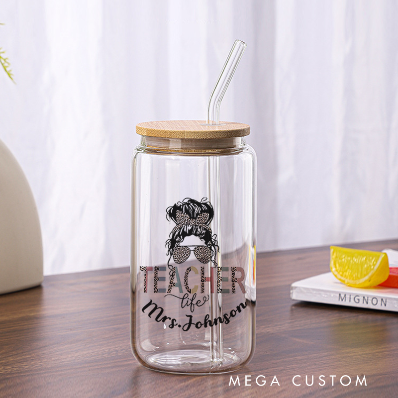 Personalized Teacher Tumbler with Lid and Straw Teacher Life with a Leopard Print Headband and Glasses Custom Glass Coffee Cup Teacher Gift