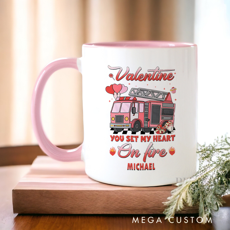 Personalized Firefighter Mugs Valentine You Set My Heart on Fire Design Coffee Mug Gift
