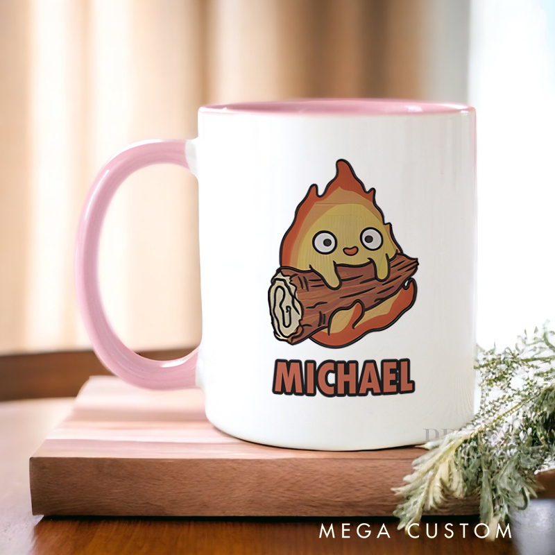 Personalized Firefighter Mugs Cute Flame with Log Character Design Coffee Mug Gift