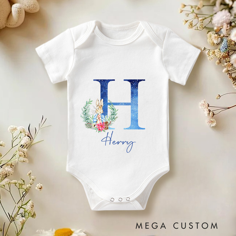 Personalized Blue Rabbit Initial Baby Onesie New Boy Gift Coming Home Gift