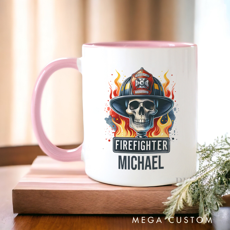 Personalized Firefighter Mugs Firefighter Skull Emblem with Flames Design Coffee Mug Gift