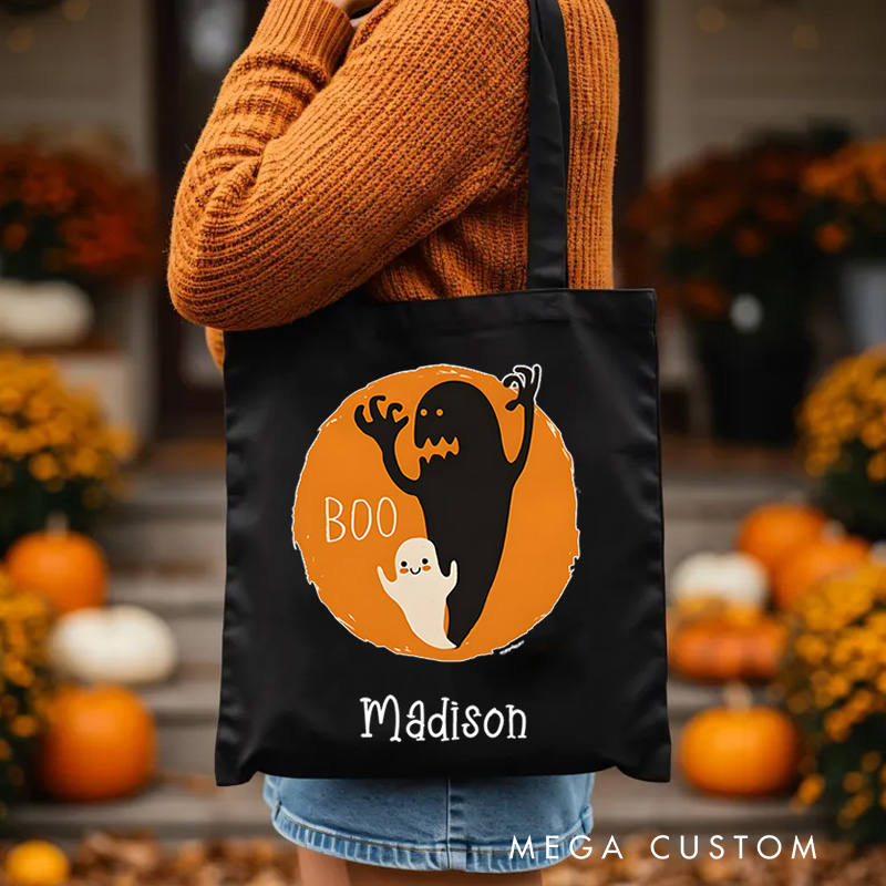 Personalized Boo Ghost Illustration Featuring Name with Orange Background for a Fun Halloween Celebration Tote Bag