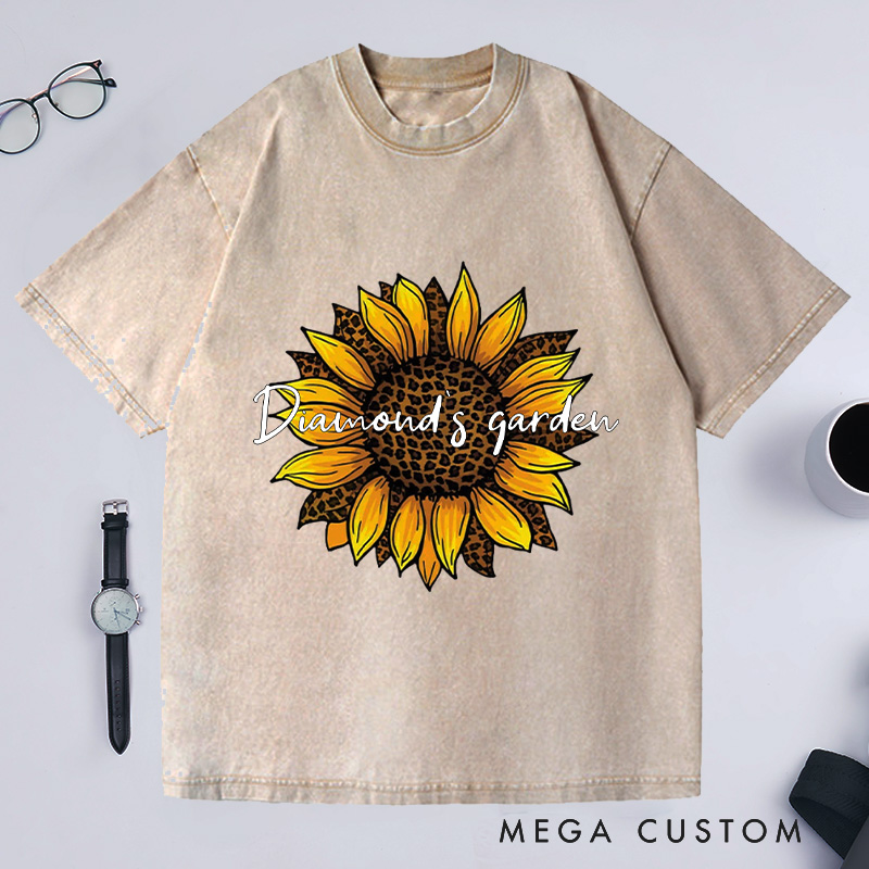 Personalized Leopard Sunflower Washed T-Shirts Sunflower Shirt Leopard And Floral Shirt Flower Shirt Botanical Print Shirt