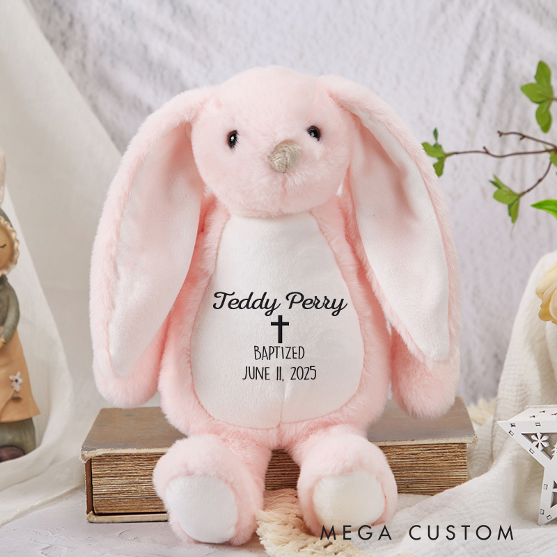 Personalized Stuffed Bunny Plush Toy with Name and Cross Birthday Baptism Gift Christmas and First Communion Gift for Kids