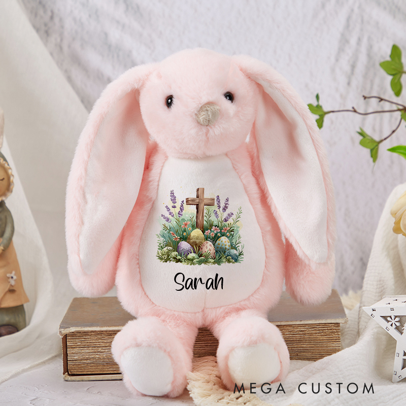 Personalized Easter Eggs Floral Cross Cute Plush Bunny Stuffed Animal Toy with Name Easter Baby Shower Birthday Gift for Kids