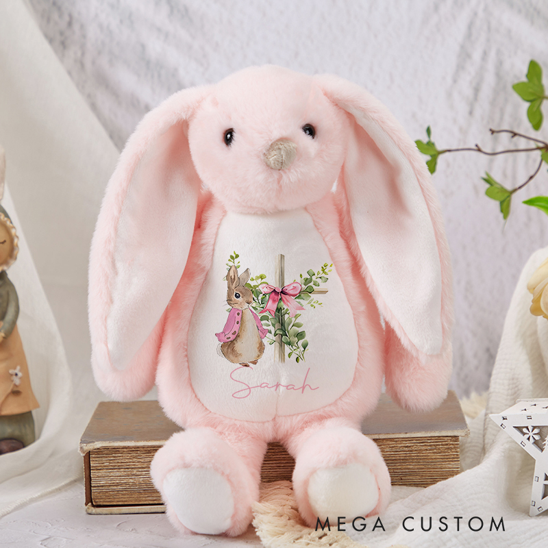 Personalized Cross Easter Bunny Plush Stuffed Toy with Name Easter Birthday Gift for Kids