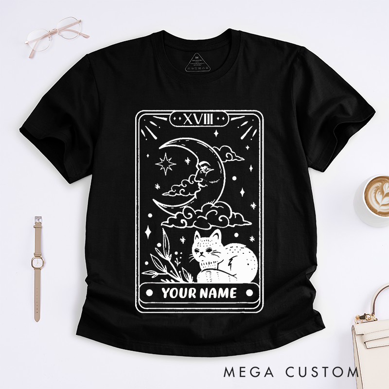 Personalized Tarot Lovers Classic T-Shirts The Moon Tarot Card Cat Meow T-Shirt Gift for Cat Lovers 
