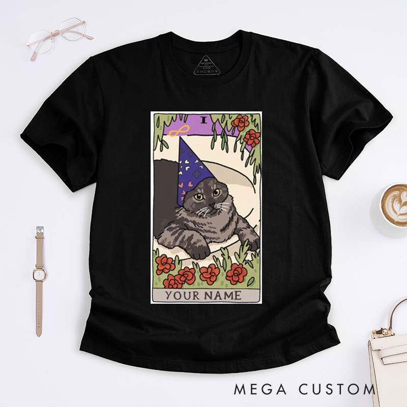 Personalized Tarot Lovers Classic T-Shirts Wizard Cat The Magician Tarot Card T-Shirt Witchy Clothing Sad Cat Meme  Clothing Gift