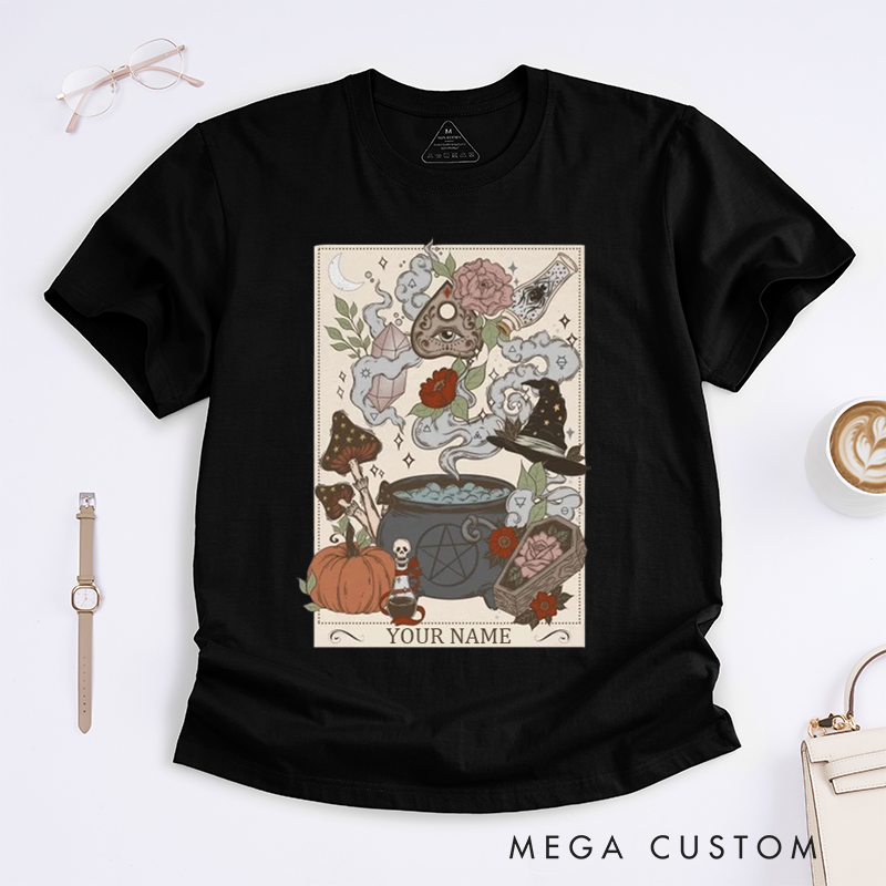Personalized Witch Halloween Classic T-Shirts Custom Spooky Gift for Magic Lovers Unisex Vintage Potion Pumpkin Mushroom Print Unique Gift