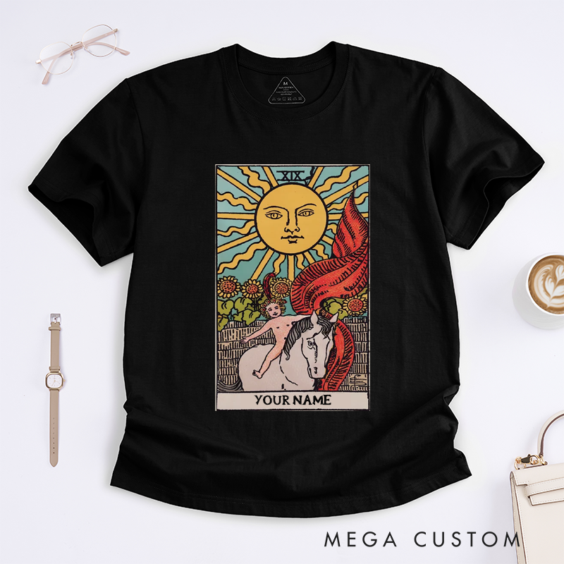 Personalized The Sun Tarot Card Classic T-Shirts Custom Name Gift Unisex Unique Astrology Tee Spiritual Birthday Present for Tarot Reader Friends