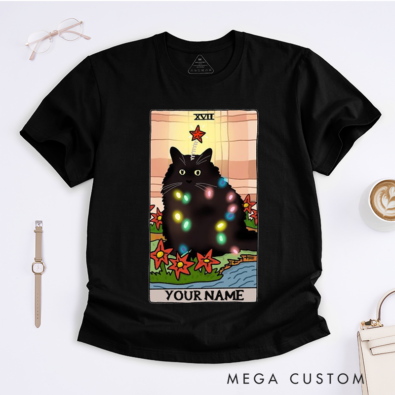 Personalized Black Cat Tarot Card Classic T-Shirts Christmas Lights Design Unique Gift for Cat Lovers Unisex Tee Stylish Top