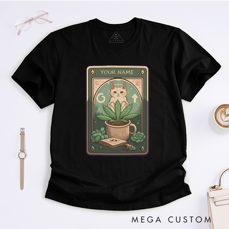 Personalized Tarot Lovers Classic T-Shirts Stoner Cat Classic T Shirt Gift for Cat Lovers Cannabis Enthusiasts Creative Funny Casual T-Shirts