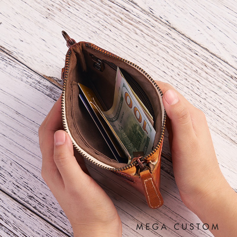 Personalized Birth Flower Leather Wallet Women Leather Wallet With Zipper Engraved Women Leather Wallet Leather Gift for Her Unique Gift for Her Birthday Gifts