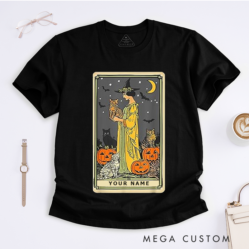 Personalized Tarot Lovers Classic T-Shirts Cat Lady Witch T Shirt Halloween Pumpkin Lovers Classic Tee Unique Gift for Cat Owner Present