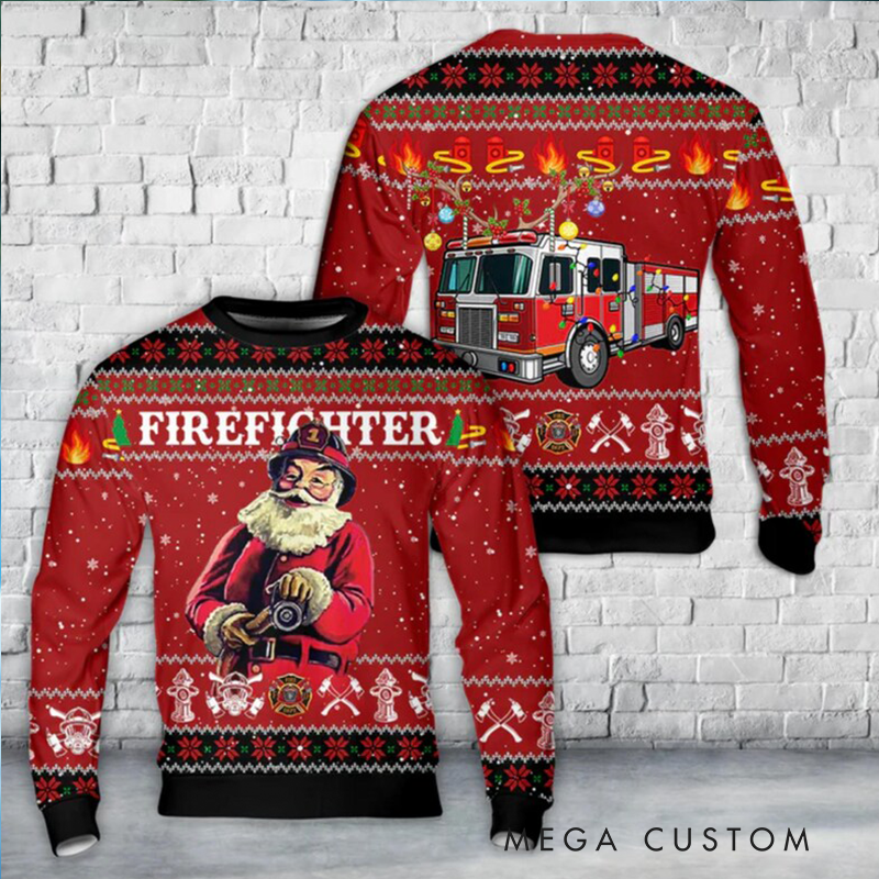 Personalized Christmas Firefighter Ugly Sweater Fireman Xmas Sweater Firefighter Ugly Christmas Sweater Fire Department Sweater For Men