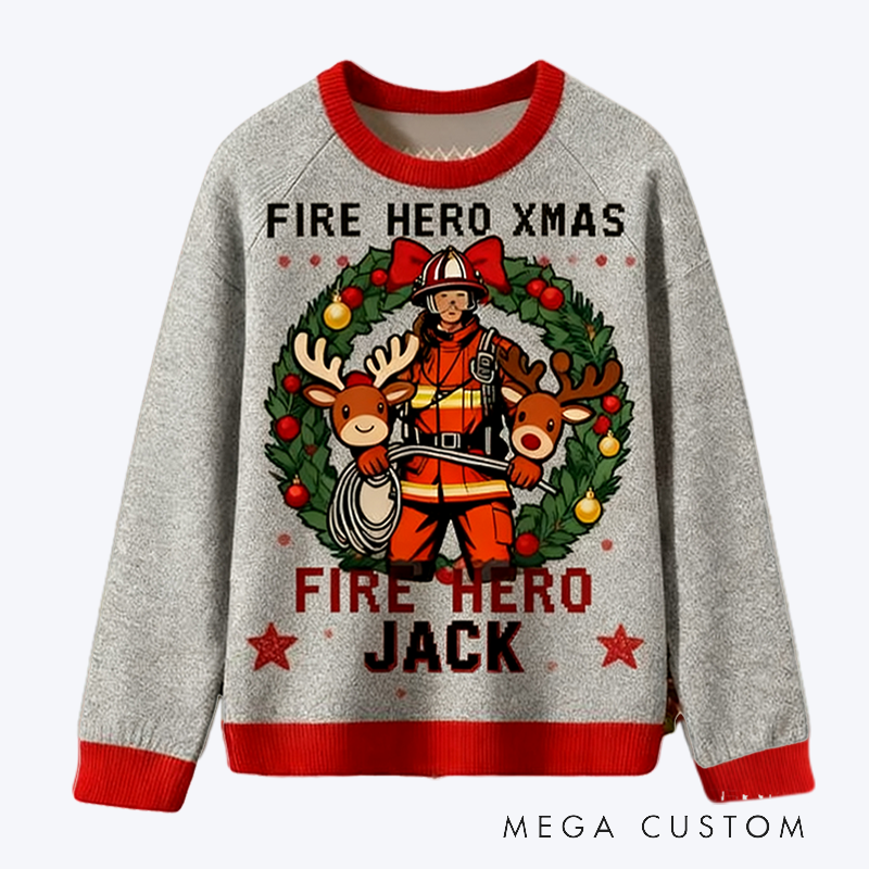 Personalized Christmas Firefighter Ugly Sweater Fireman Xmas Sweater Firefighter Ugly Christmas Sweater Fire Department Sweater For Men