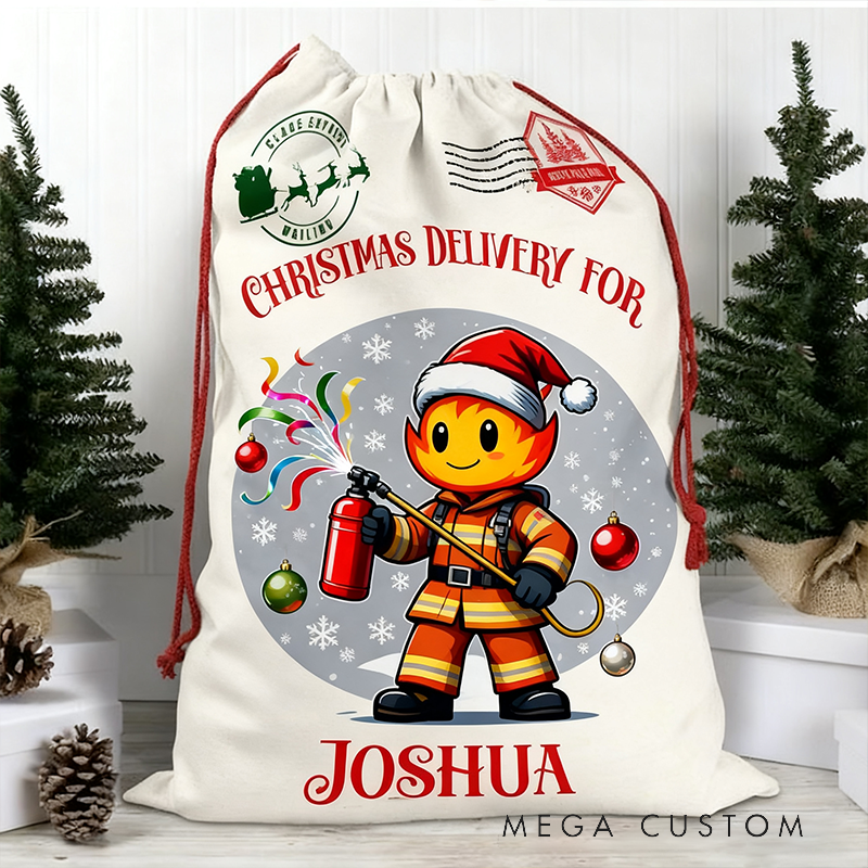 Personalized Firefighter Themed Christmas Gift Sack Custom Christmas Delivery for Firefighter