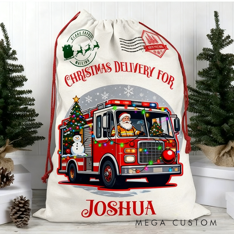 Personalized Firefighter Themed Christmas Gift Sack Custom Christmas Delivery for Firefighter