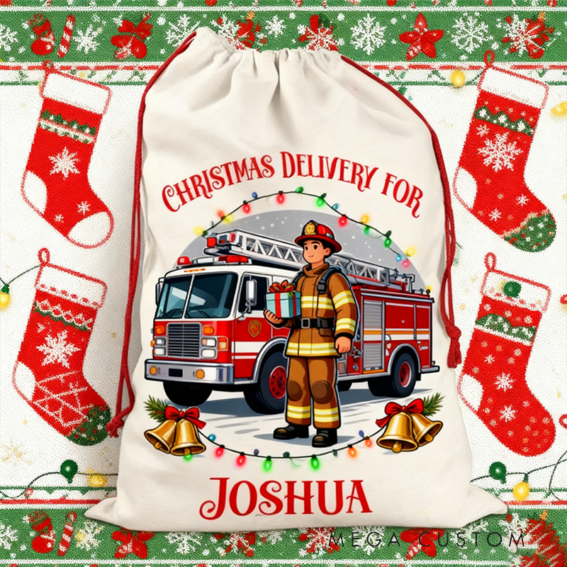 Personalized Fire Truck Christmas Gift Sack Custom Christmas Delivery for Firefighter