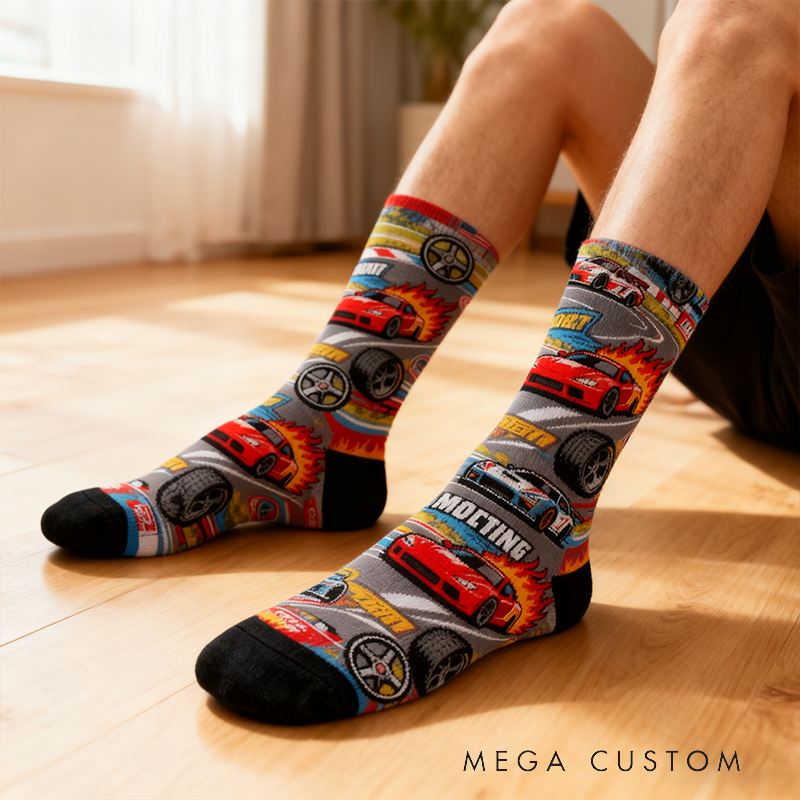 Personalized Racing Themed Socks Custom Name Funny Cotton Gift for Motorsport Fans Racing Socks Gift