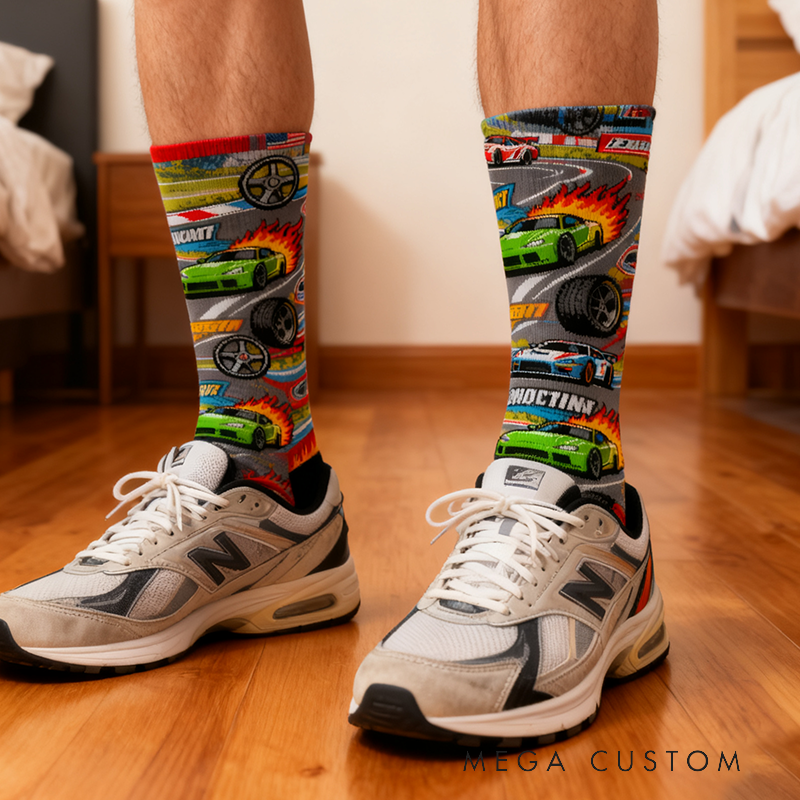 Personalized Racing Themed Socks Custom Name Funny Cotton Gift for Motorsport Fans Racing Socks Gift