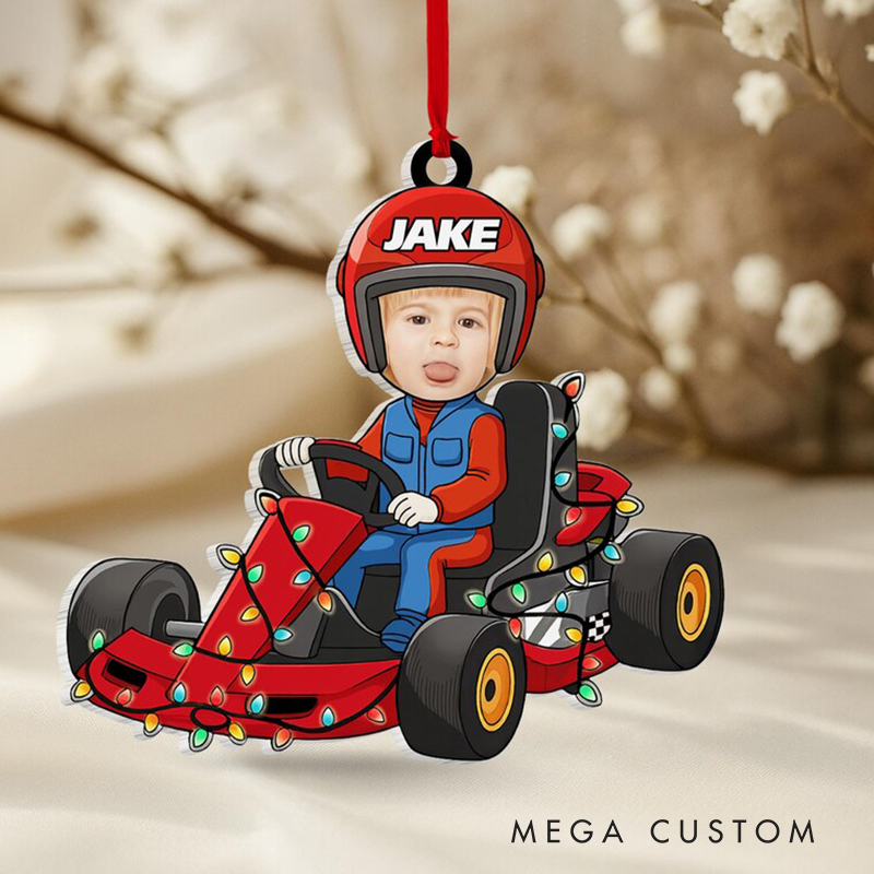 Personalized Kids Photo Ornament 2025 Custom Face Go Kart Racer Funny Christmas Gift for Boy