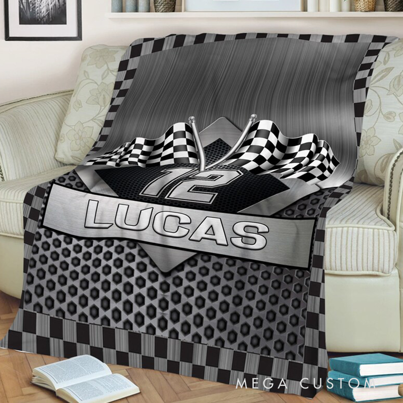 Personalized Racing Blanket Custom Name Number Soft Cozy Sherpa Fleece Throw Blankets Sport Gift