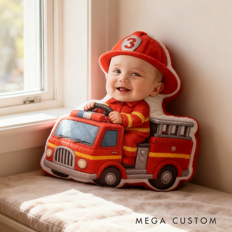 Custom Firetruck Pillow Personalized with Your Baby's Face Pillow Firefighter Gift