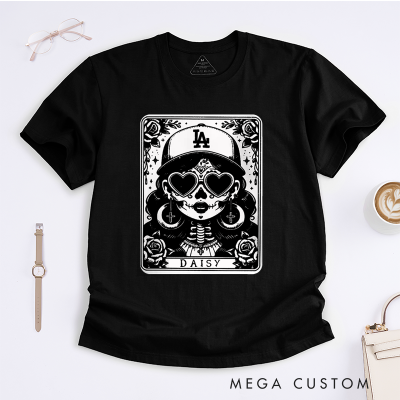 Personalized Tarot Lovers Classic T-Shirts La Chingona Skull T-Shirt Gothic Heart Glasses Skeleton Day of the Dead Tee 
