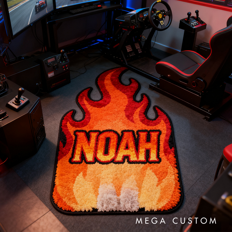 Personalized Flame Themed Rug with Name Custom Racer Speed Rugs Xmas Gift